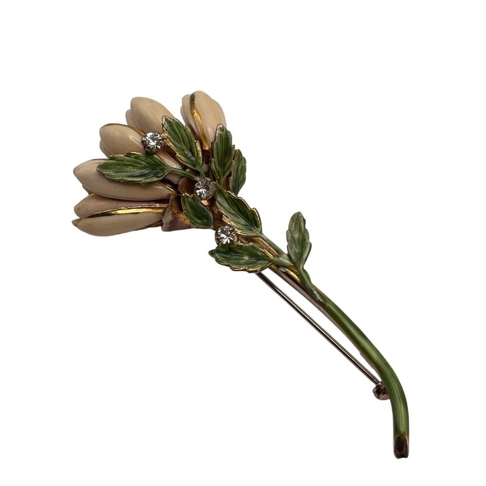 VINTAGE 1940S CREAM ENAMEL SANDOR CHRYSANTHEMUM FLOWER RHINESTONE BROOCH PIN‎